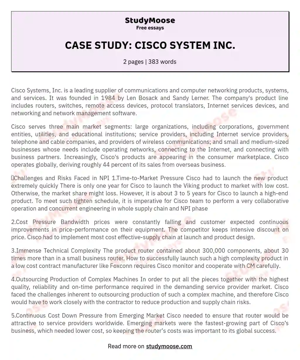 CASE STUDY: CISCO SYSTEM INC. essay