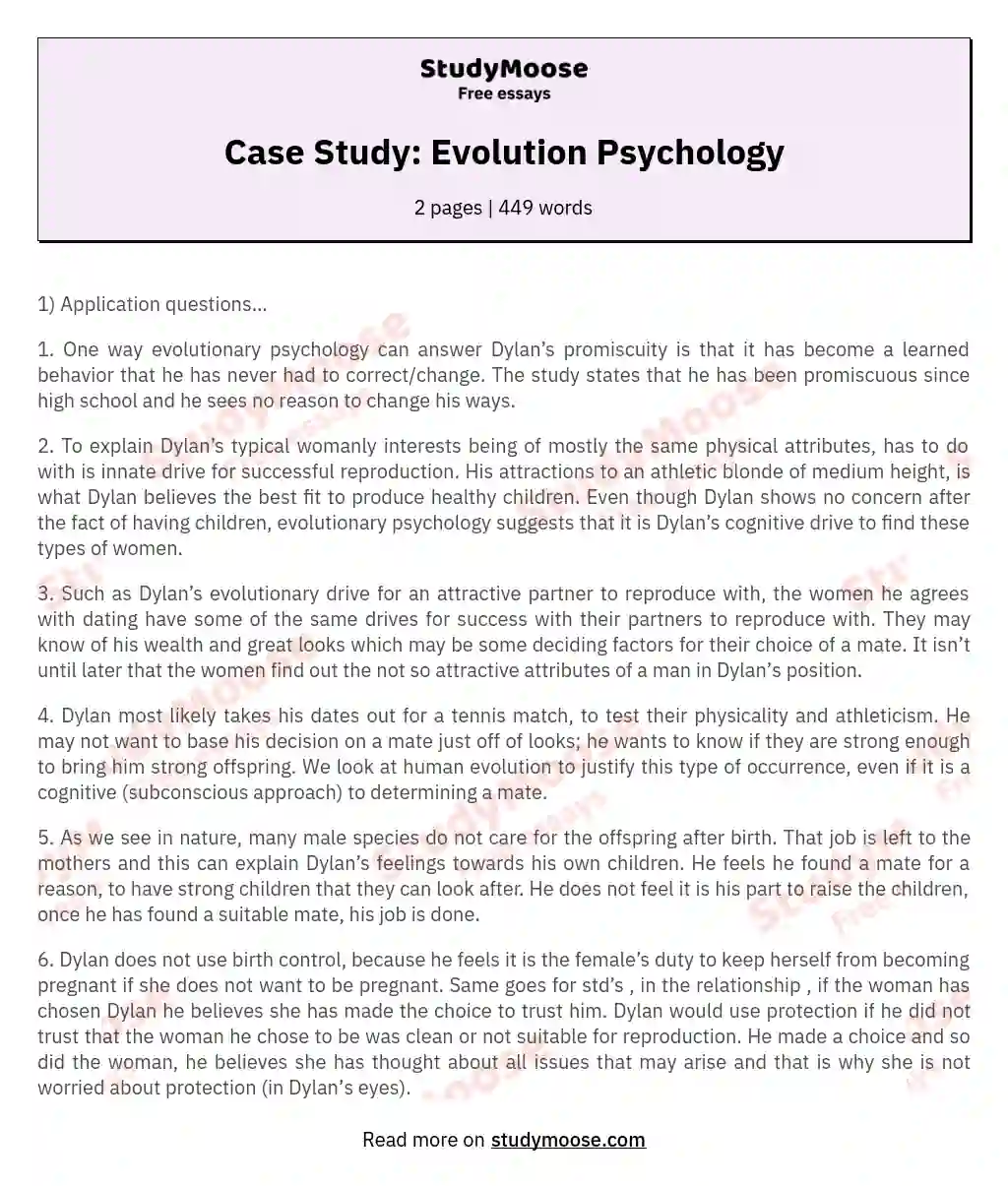 Case Study: Evolution Psychology essay