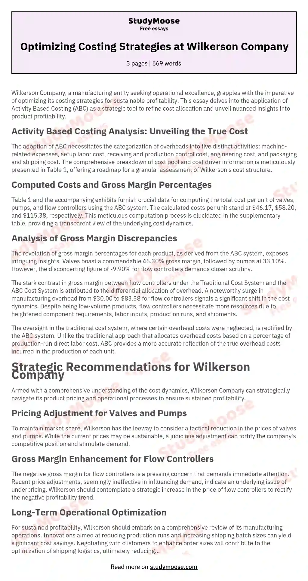 Optimizing Costing Strategies at Wilkerson Company essay