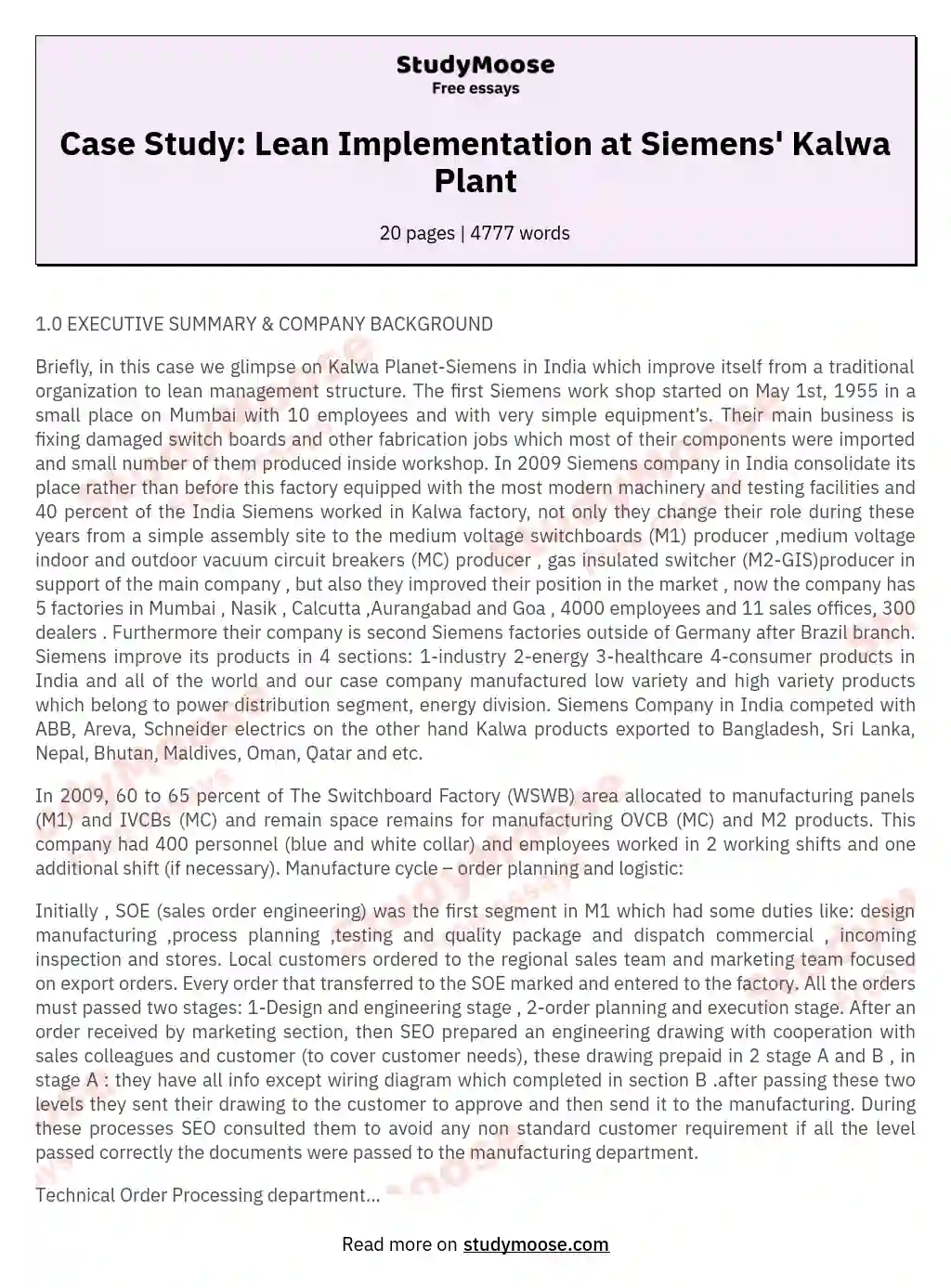 Case Study: Lean Implementation at Siemens' Kalwa Plant essay