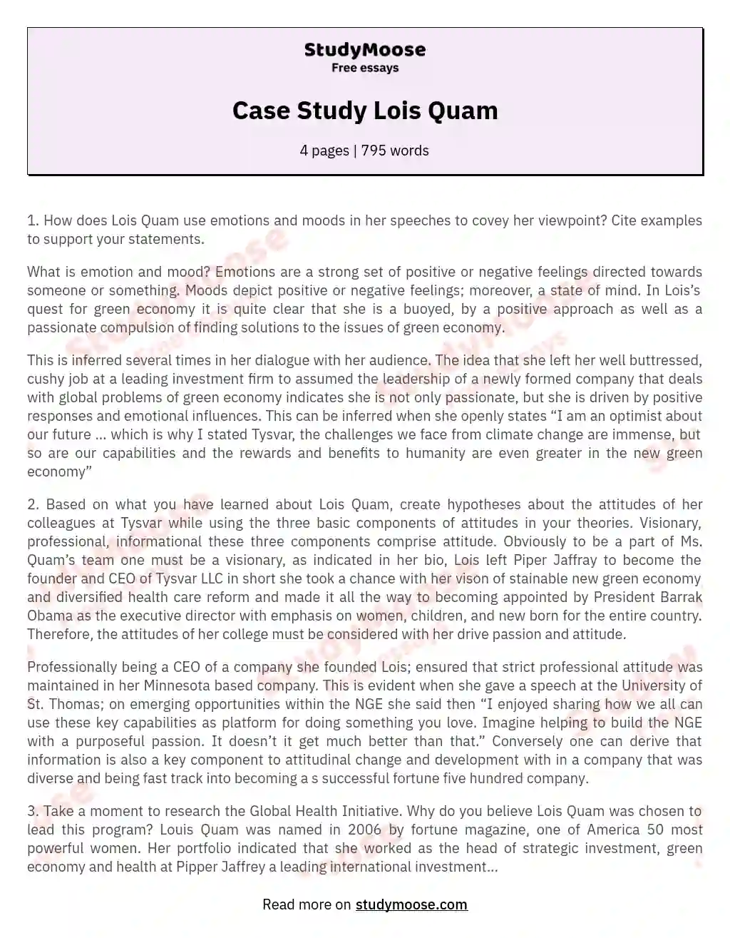 Case Study Lois Quam essay