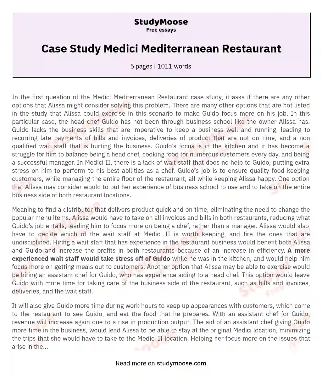 Case Study Medici Mediterranean Restaurant essay