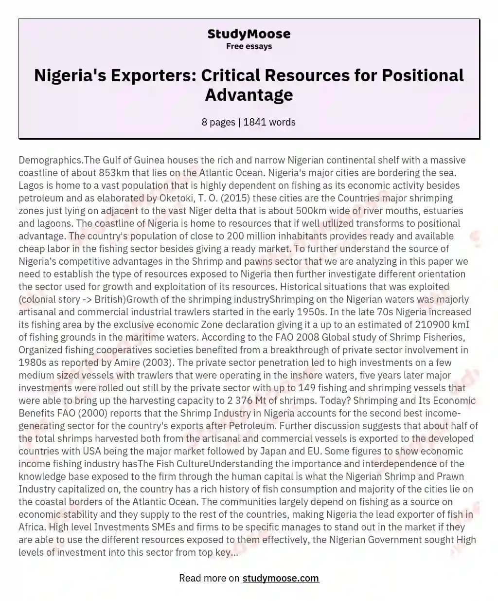 Case Study, Nigeria. What are critical resources that has given Nigerian exporters a positional advantage?