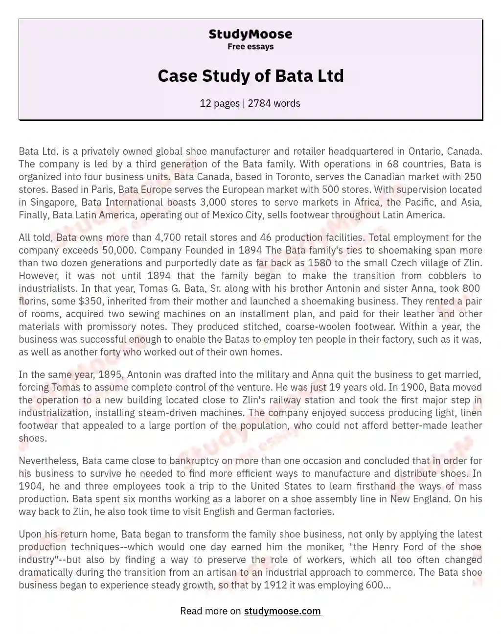 Case Study of Bata Ltd essay