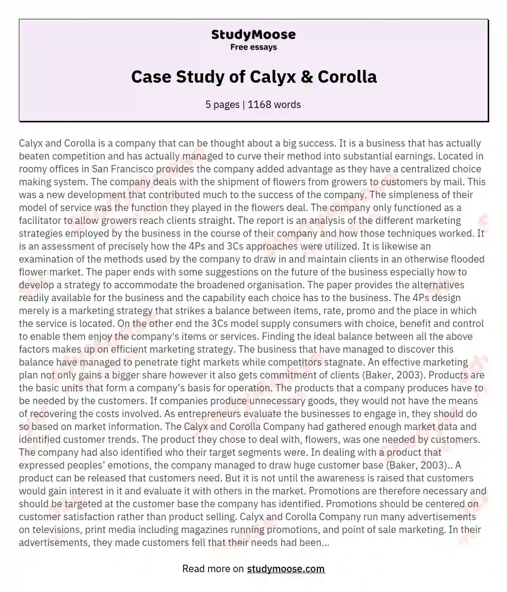 Case Study of Calyx &amp; Corolla essay