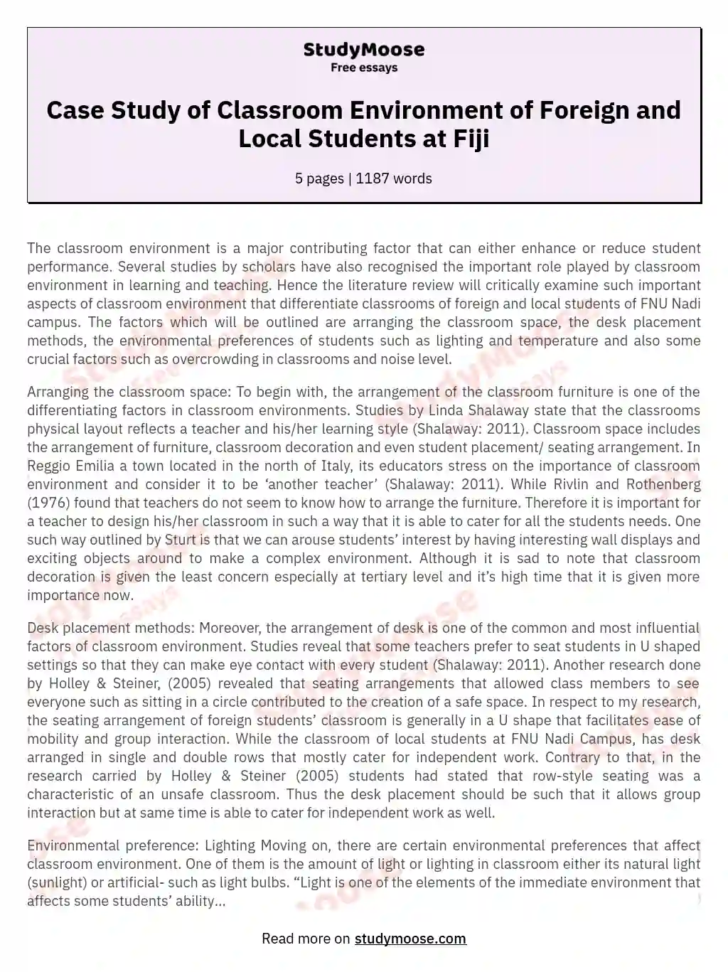 Case Study of Classroom Environment of Foreign and Local Students at Fiji essay