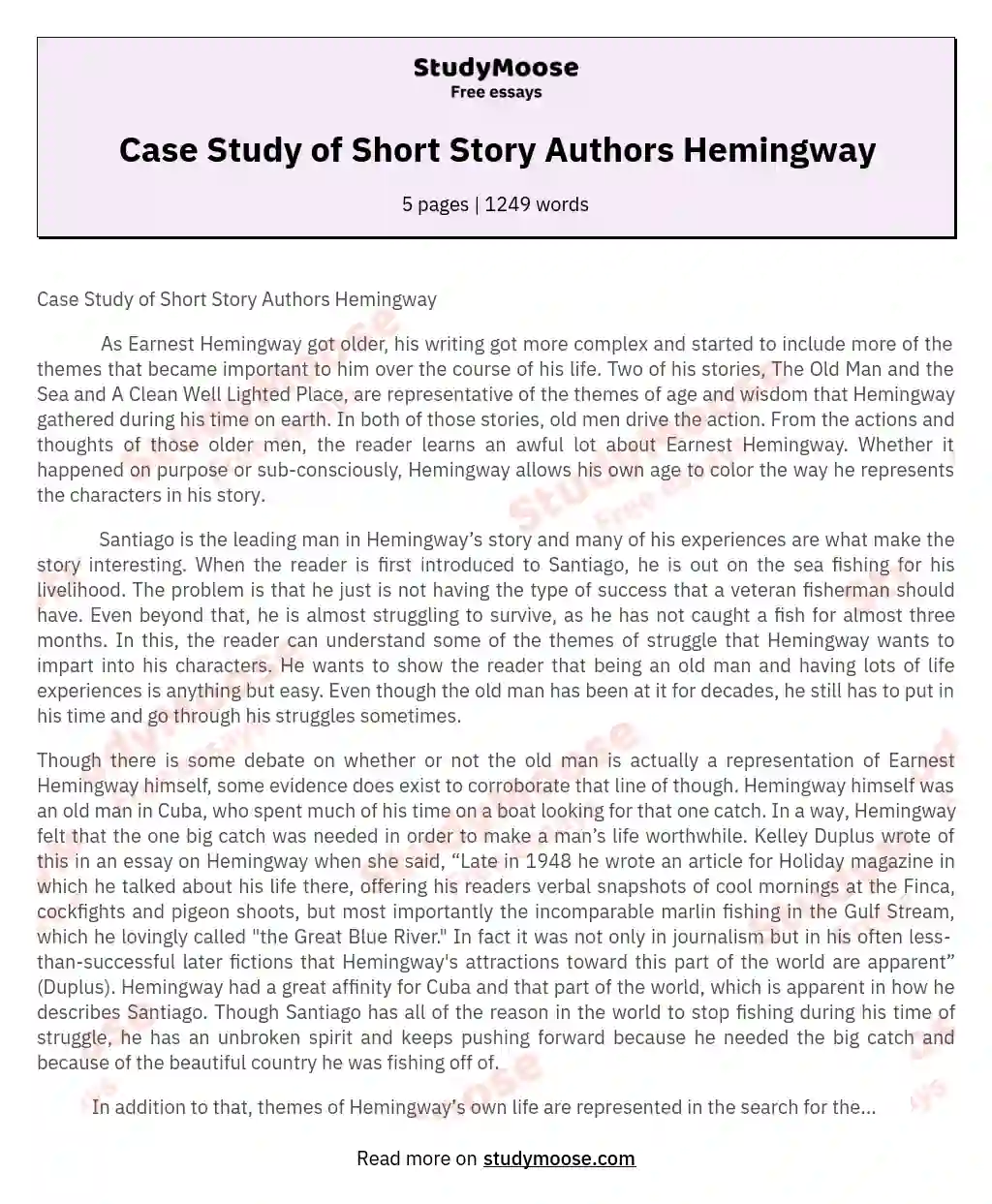 Case Study of Short Story Authors Hemingway essay