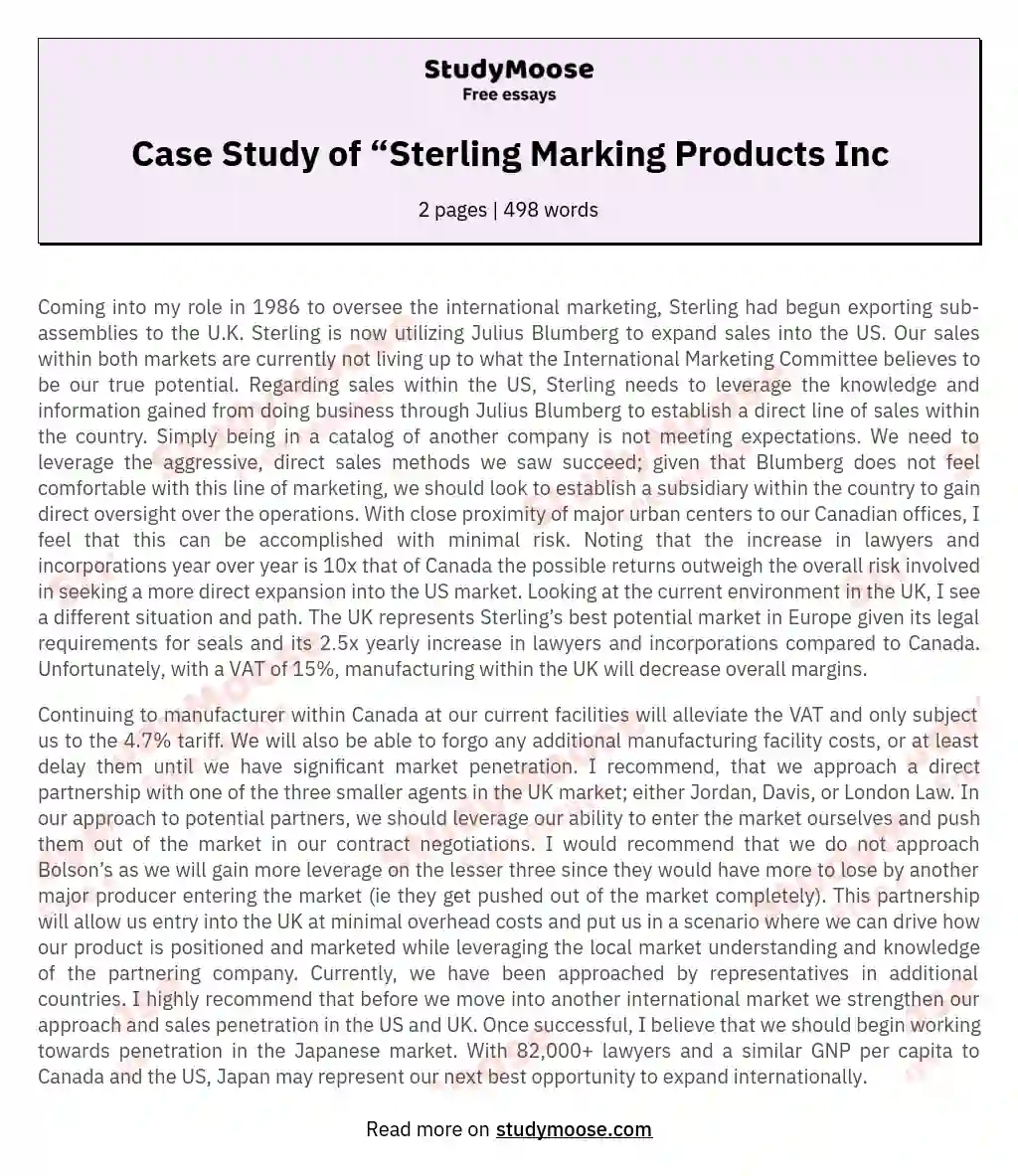 Case Study of “Sterling Marking Products Inc