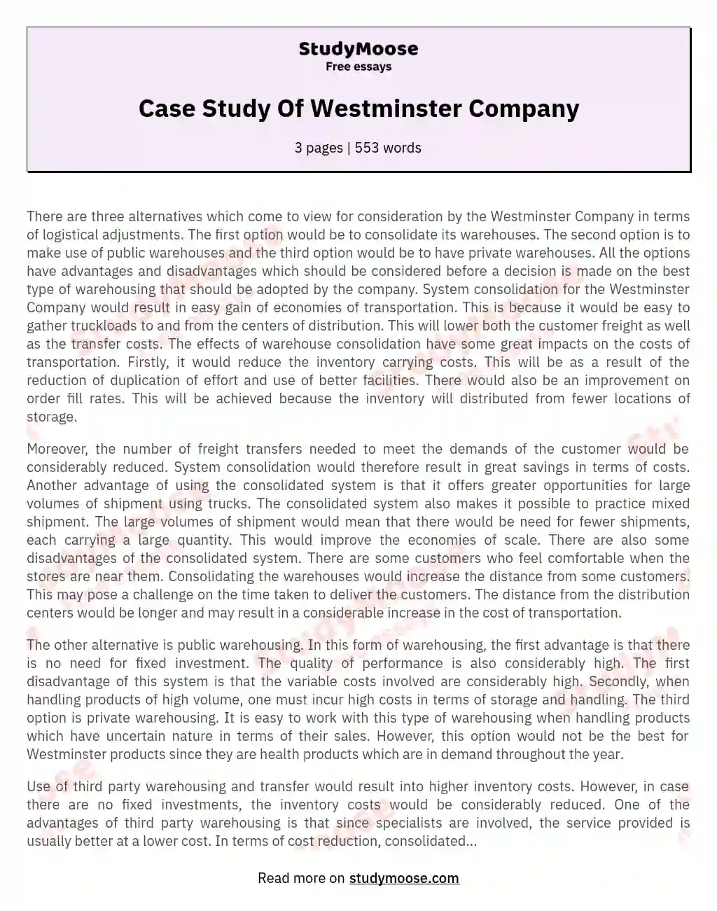 Case Study Of Westminster Company essay