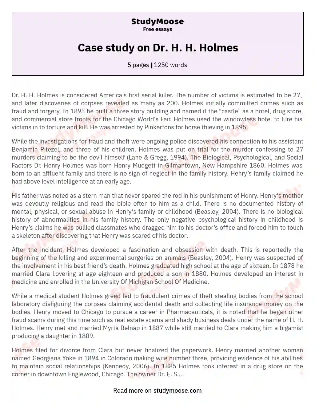 Case study on Dr. H. H. Holmes essay