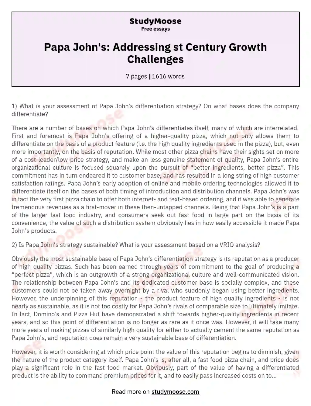 Case Study Papa John's International, Inc. Twenty-First Century Growth Challenges
