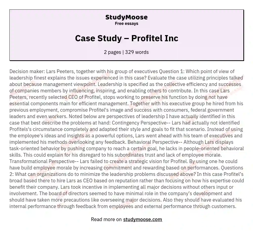 Case Study – Profitel Inc essay