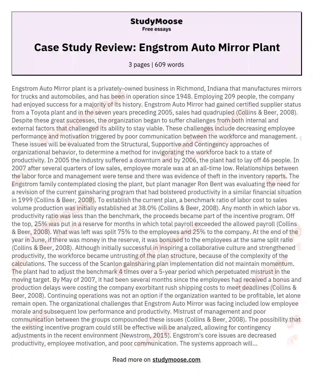 Case Study Review: Engstrom Auto Mirror Plant essay