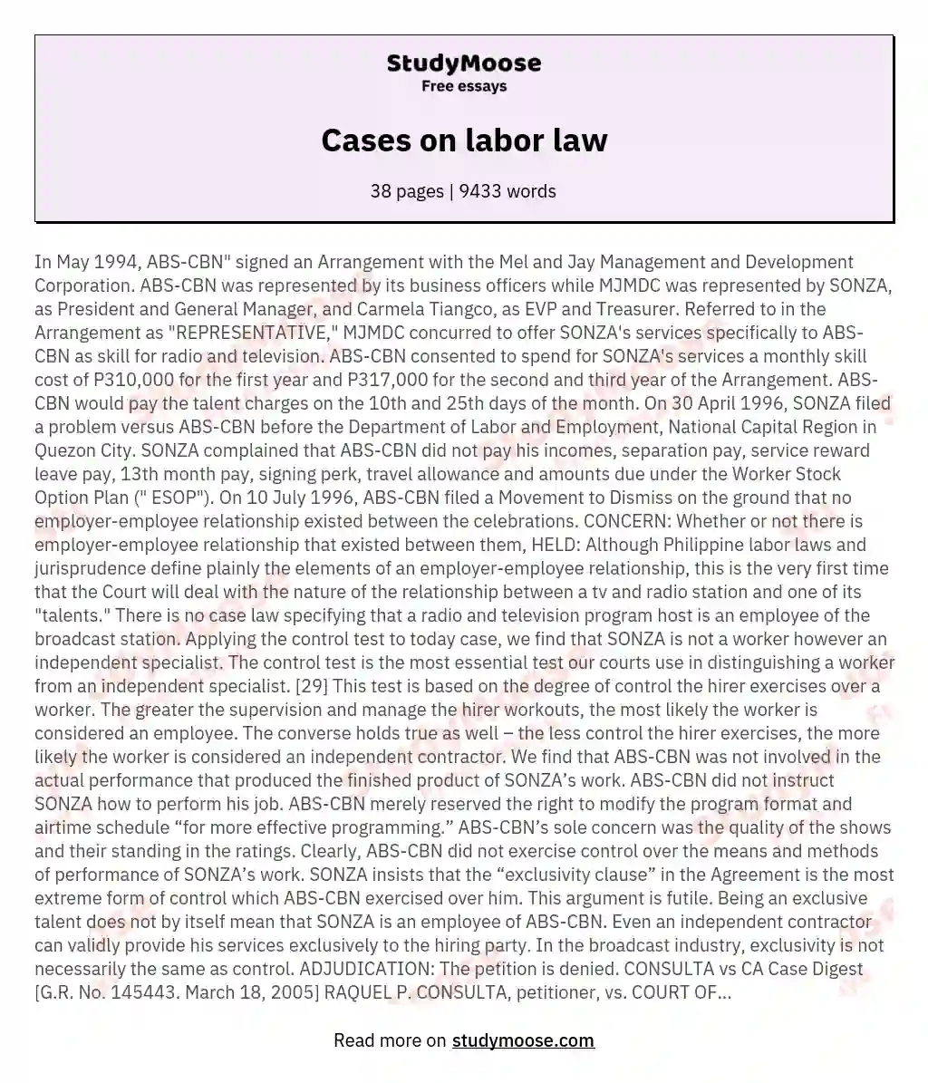 Cases on labor law essay