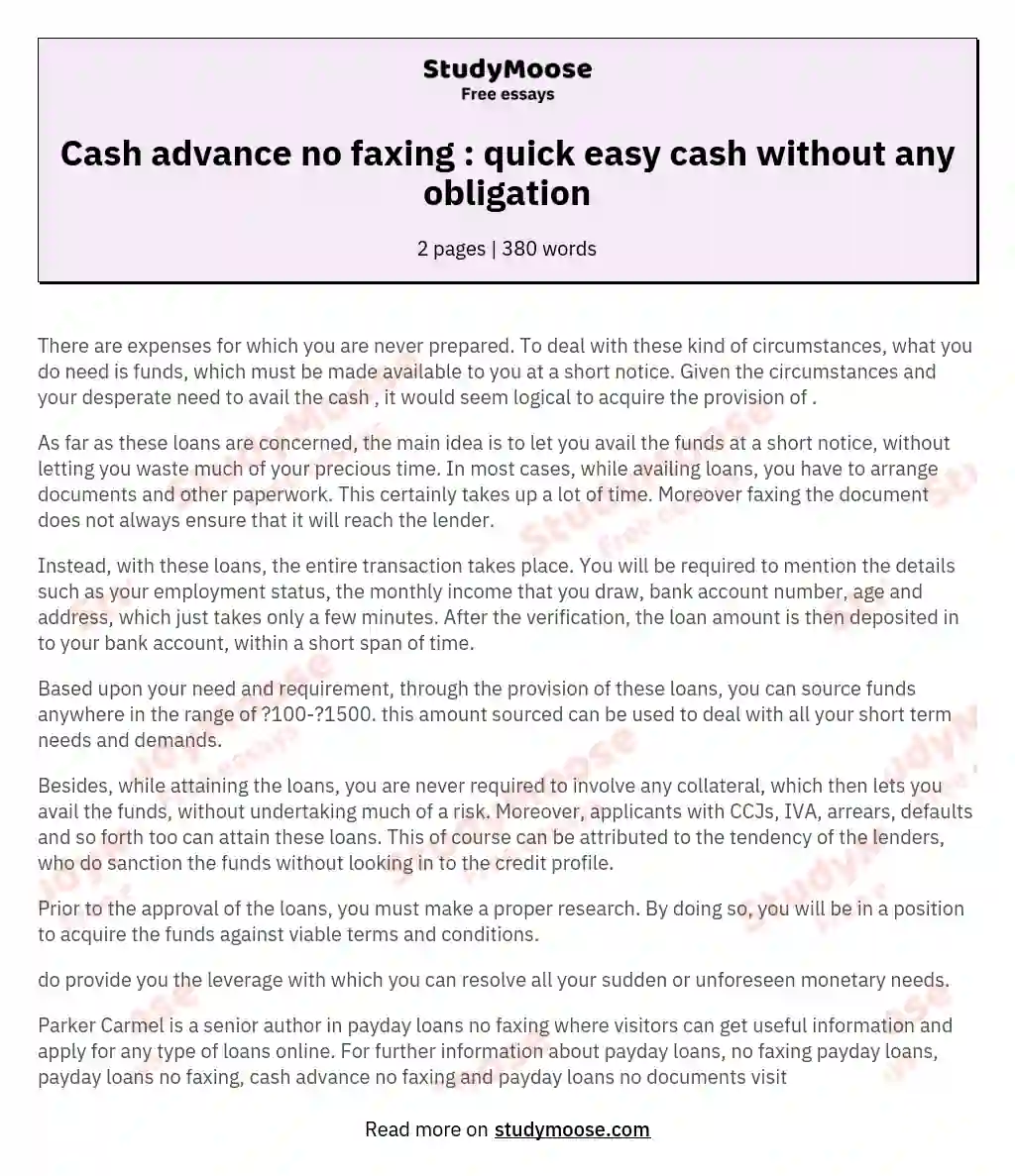Cash advance no faxing : quick easy cash without any obligation essay