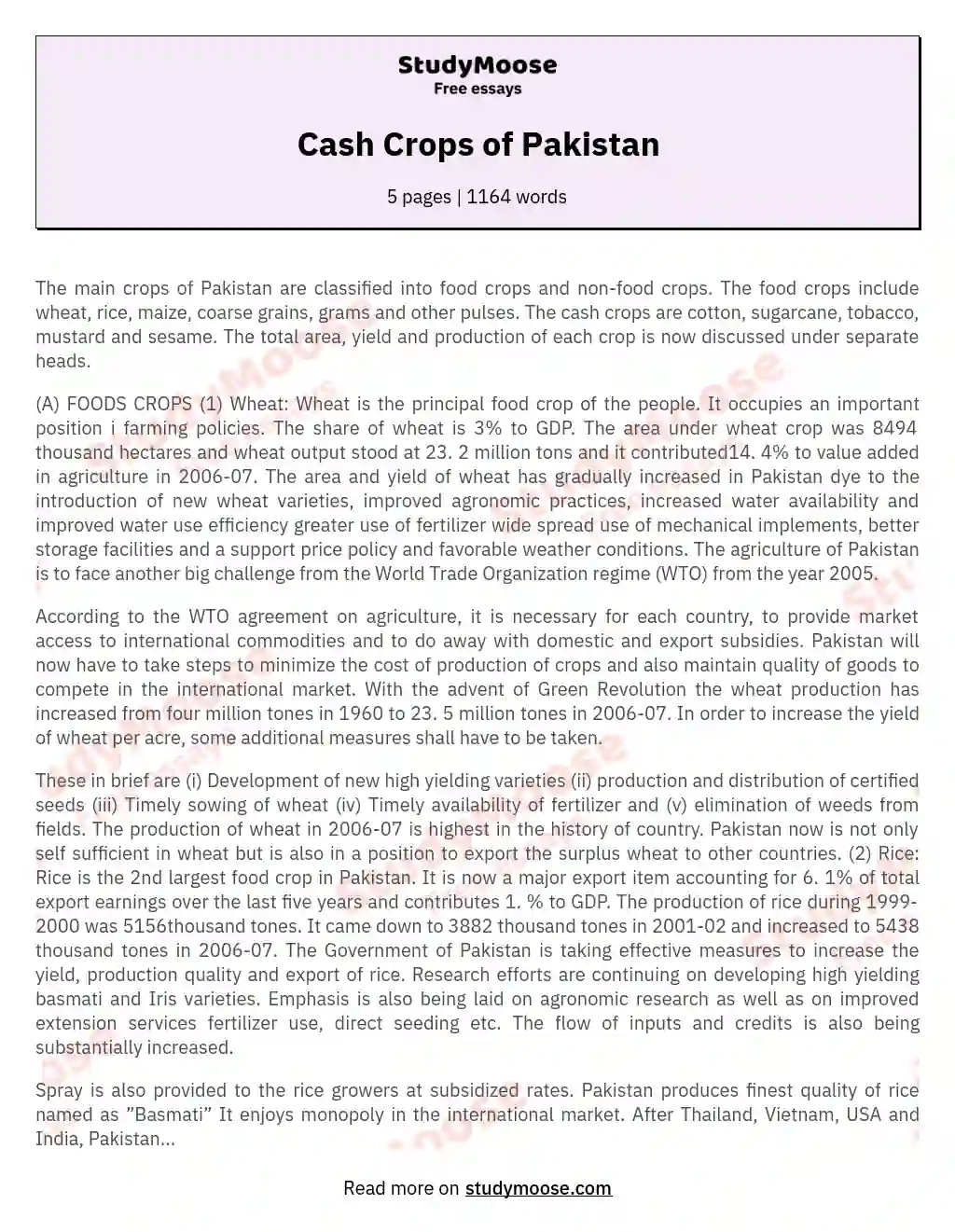 Cash Crops of Pakistan essay