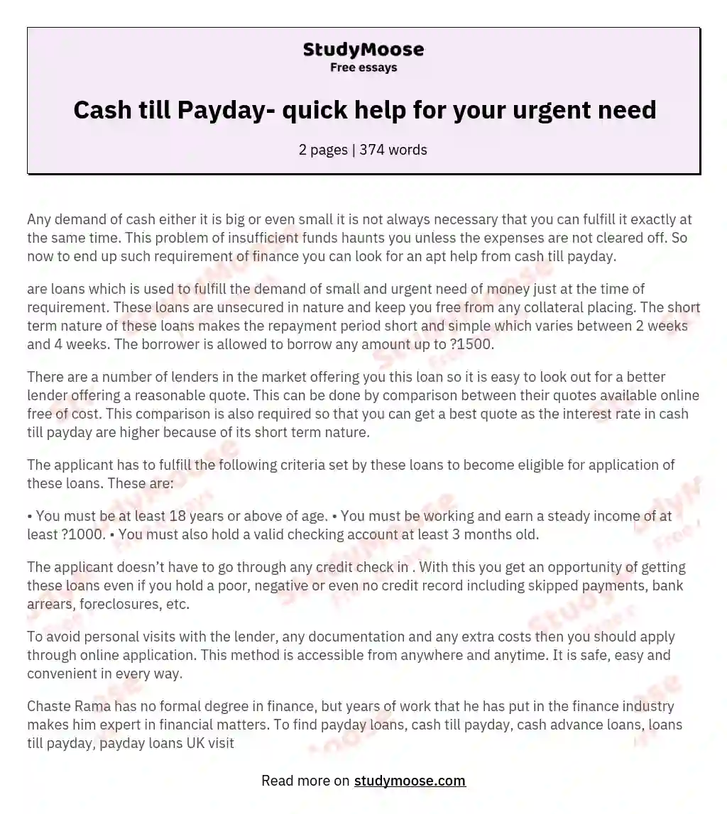 Cash till Payday- quick help for your urgent need essay