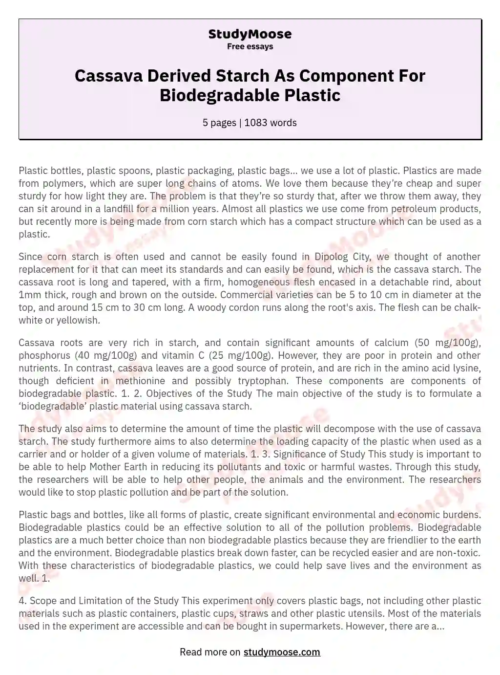 Cassava Derived Starch As Component For Biodegradable Plastic essay