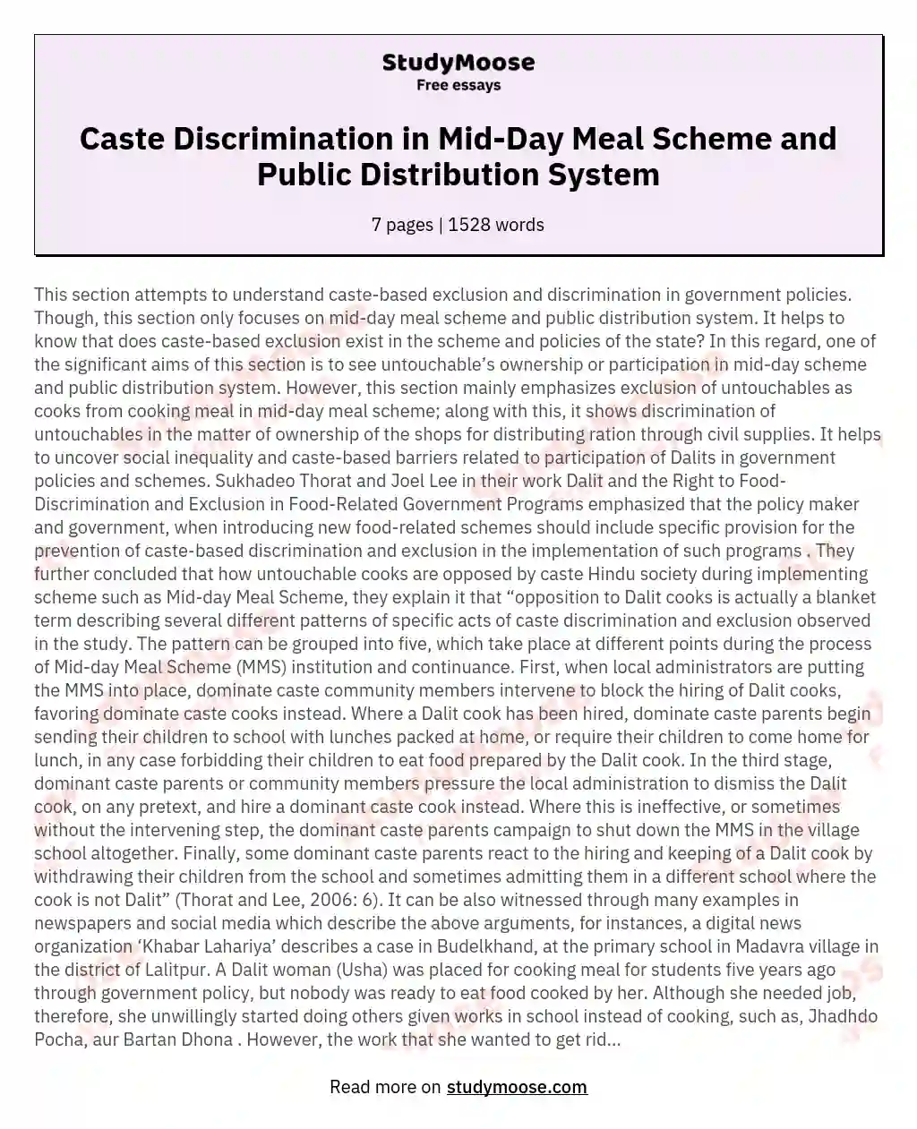 Caste Discrimination in Mid-Day Meal Scheme and Public Distribution System essay