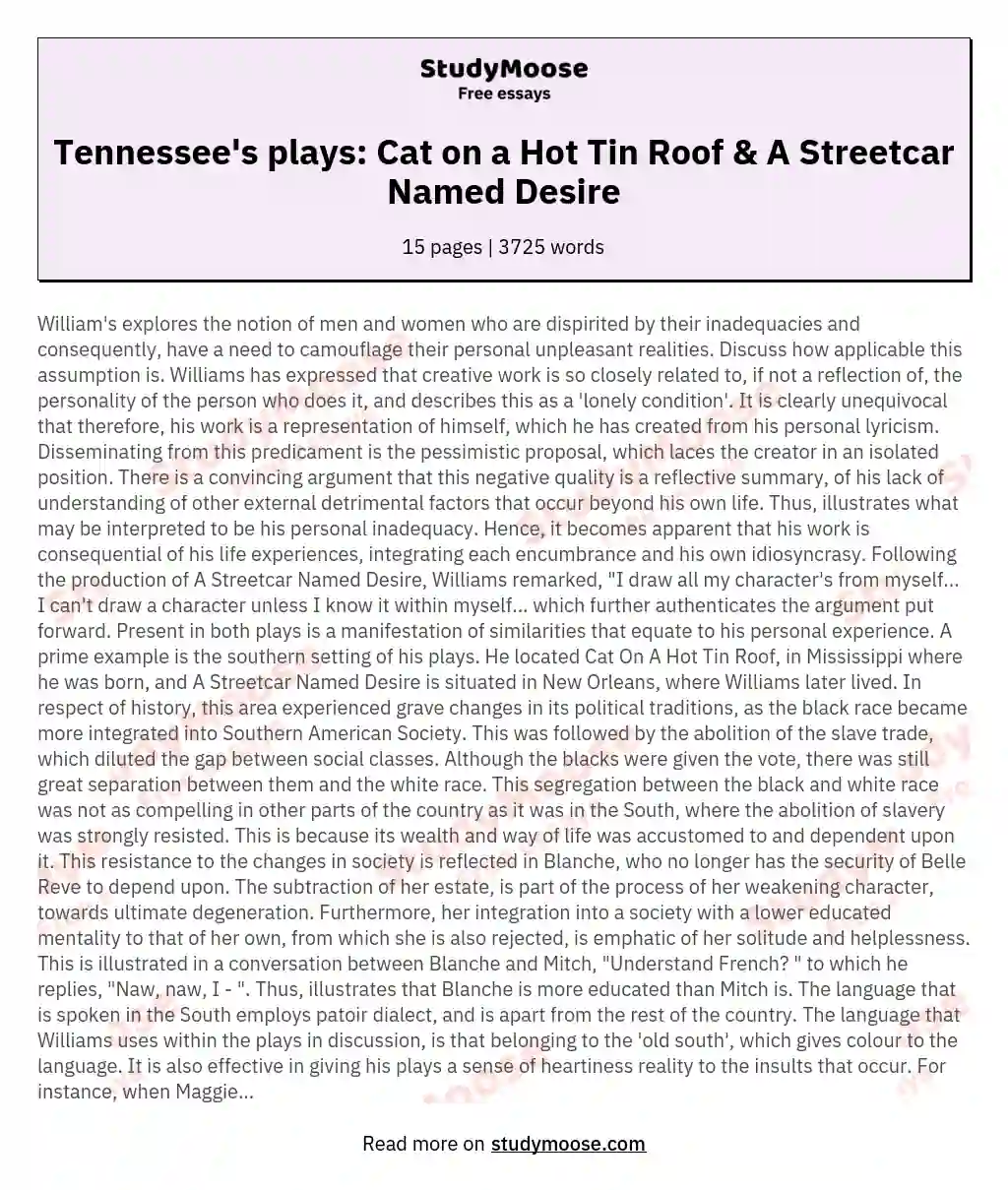 Tennessee's plays: Cat on a Hot Tin Roof & A Streetcar Named Desire essay