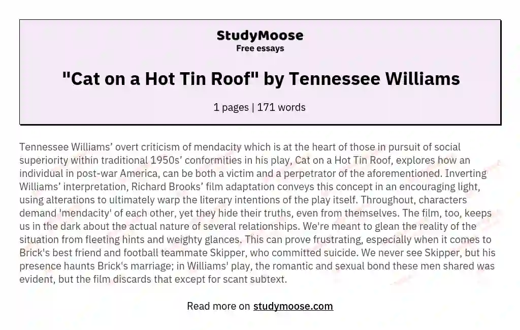 "Cat on a Hot Tin Roof" by Tennessee Williams