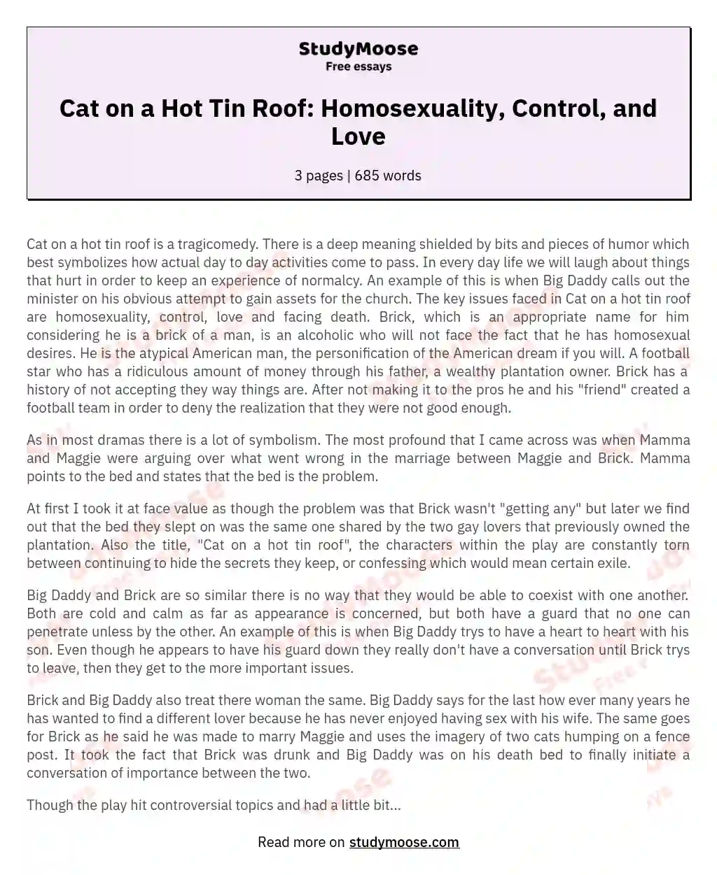 Cat on a Hot Tin Roof: Homosexuality, Control, and Love essay