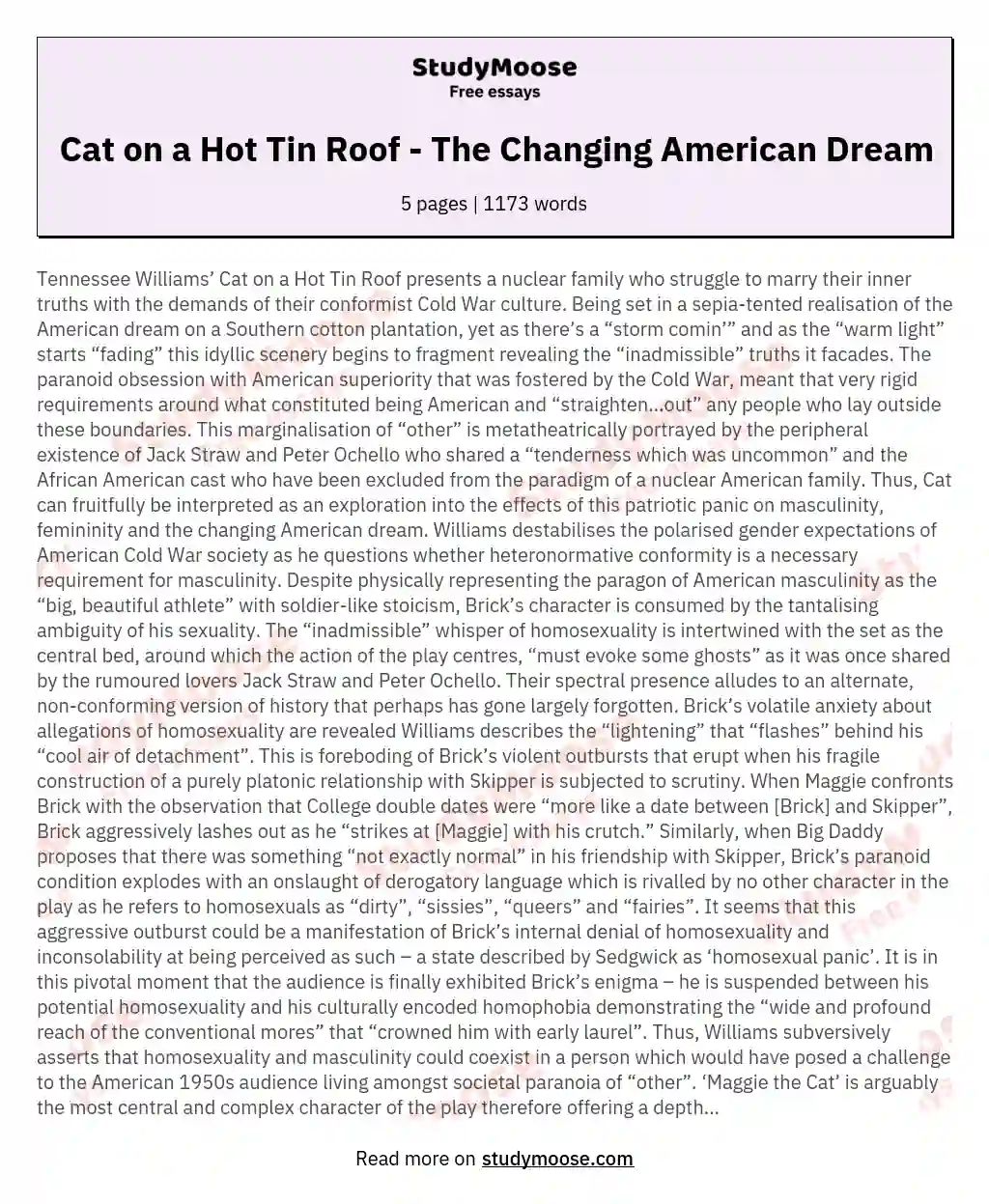 Cat on a Hot Tin Roof - The Changing American Dream essay