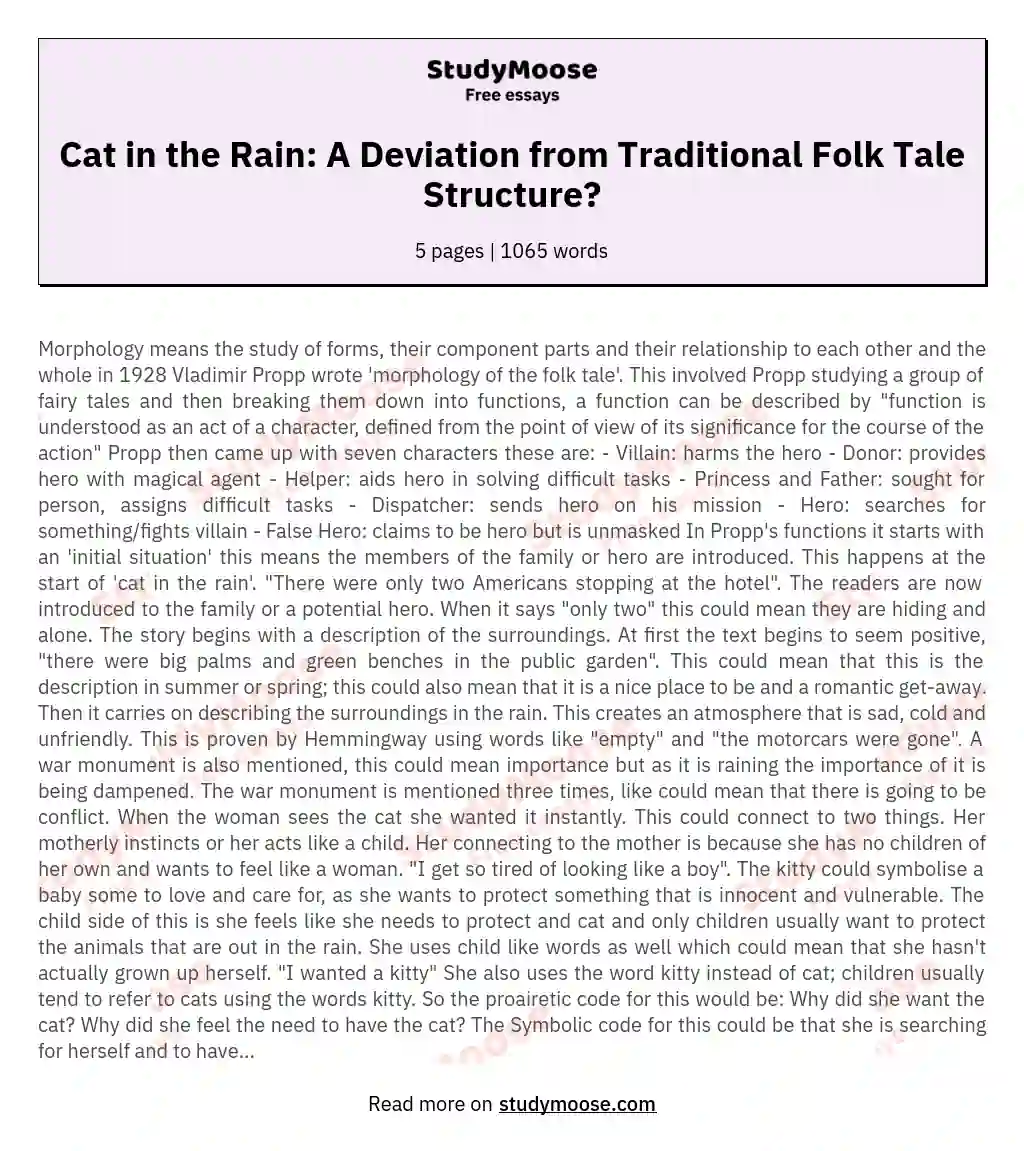 How does cat in the rain use and deviate from the traditional codes, functions, roles and structure of folk tale morphology?
