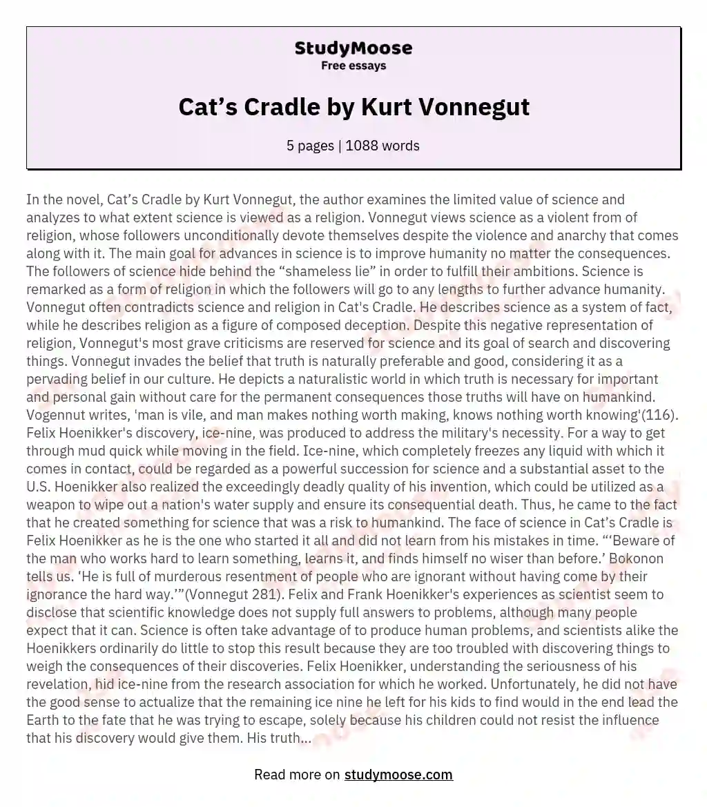 Cat’s Cradle by Kurt Vonnegut essay