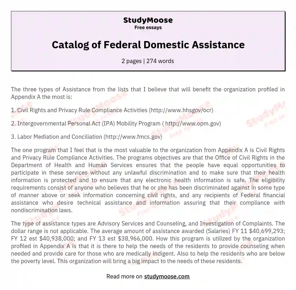 Catalog of Federal Domestic Assistance Free Essay Example