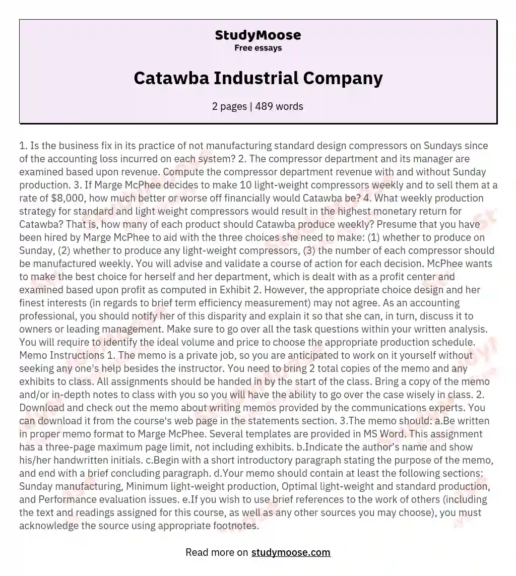 Catawba Industrial Company essay