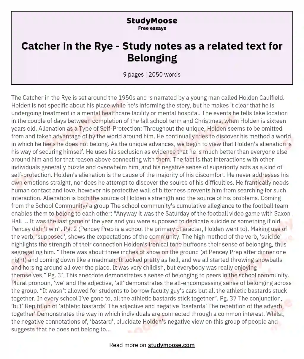 Catcher in the Rye - Study notes as a related text for Belonging essay