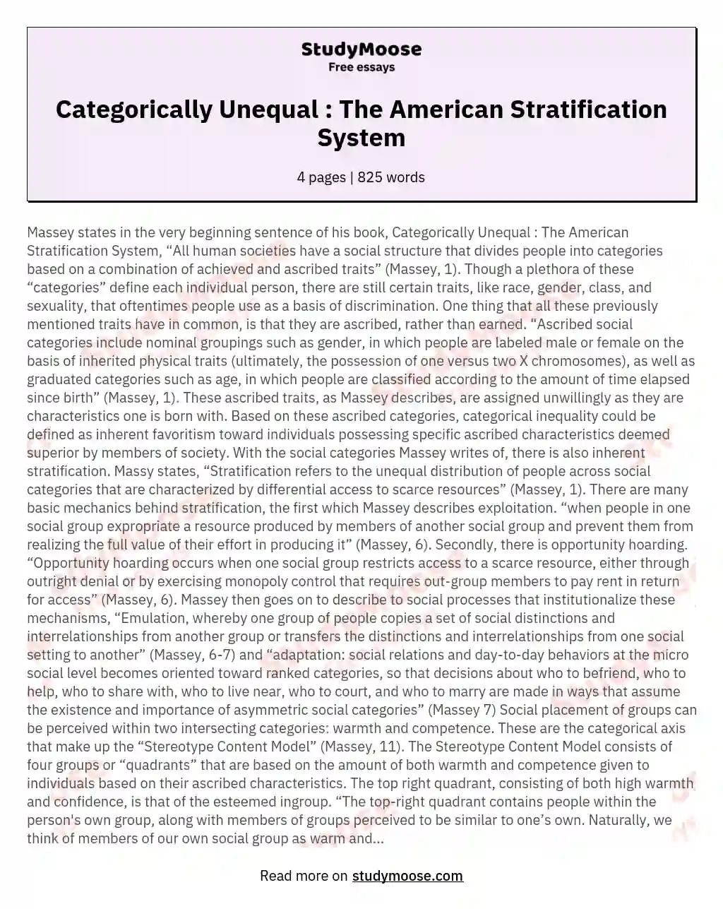 Categorically Unequal : The American Stratification System essay