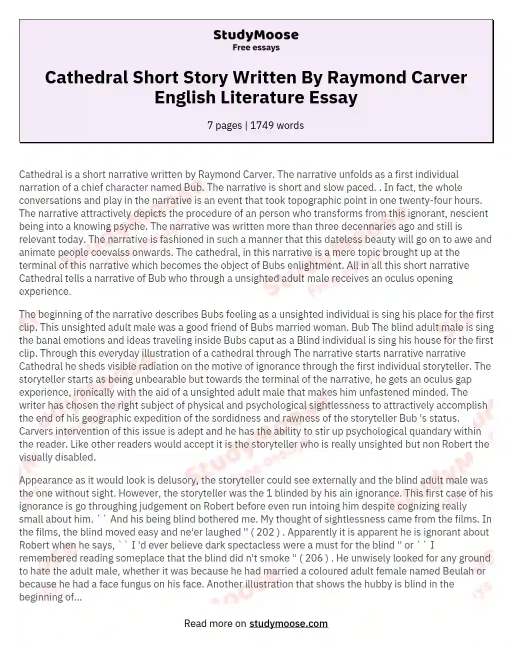 Cathedral Short Story Written By Raymond Carver English Literature Essay