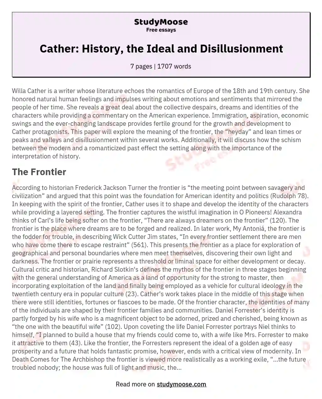 Cather: History, the Ideal and Disillusionment essay