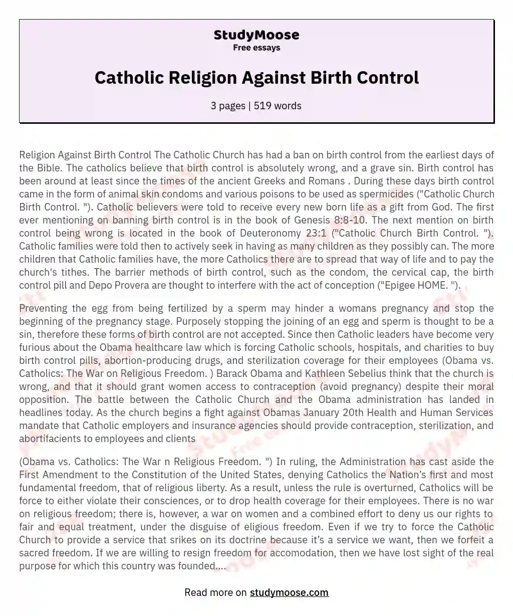 Catholic Religion Against Birth Control essay