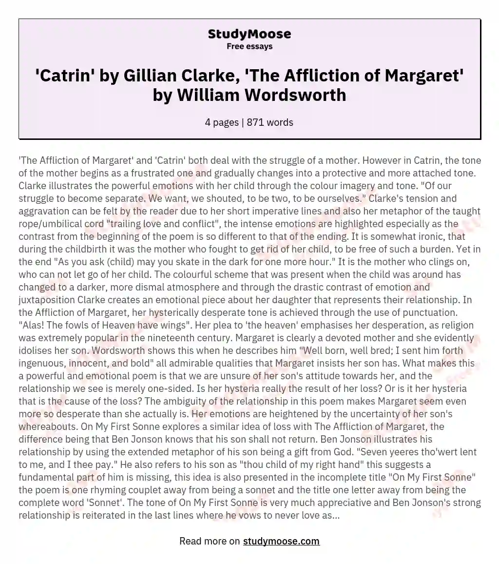 'Catrin' by Gillian Clarke, 'The Affliction of Margaret' by William Wordsworth
