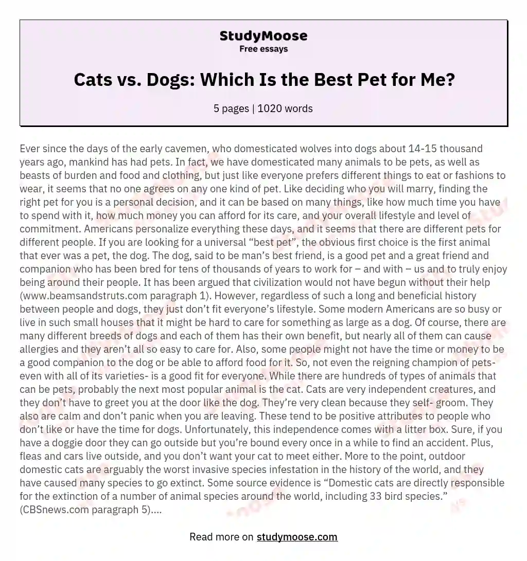 Cats vs. Dogs: Which Is the Best Pet for Me? essay