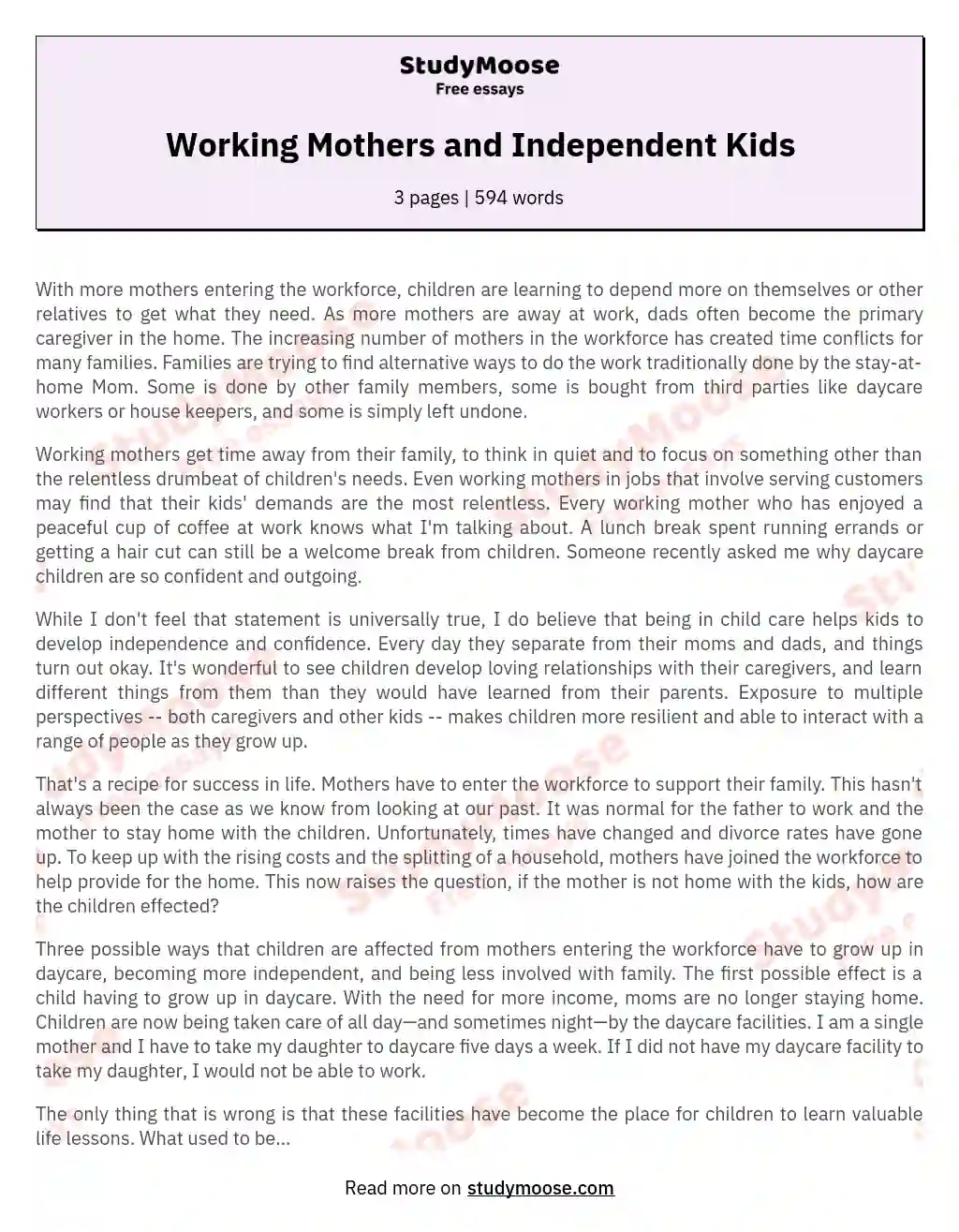Working Mothers and Independent Kids