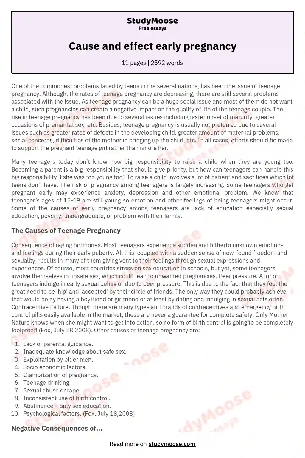 Cause and effect early pregnancy essay