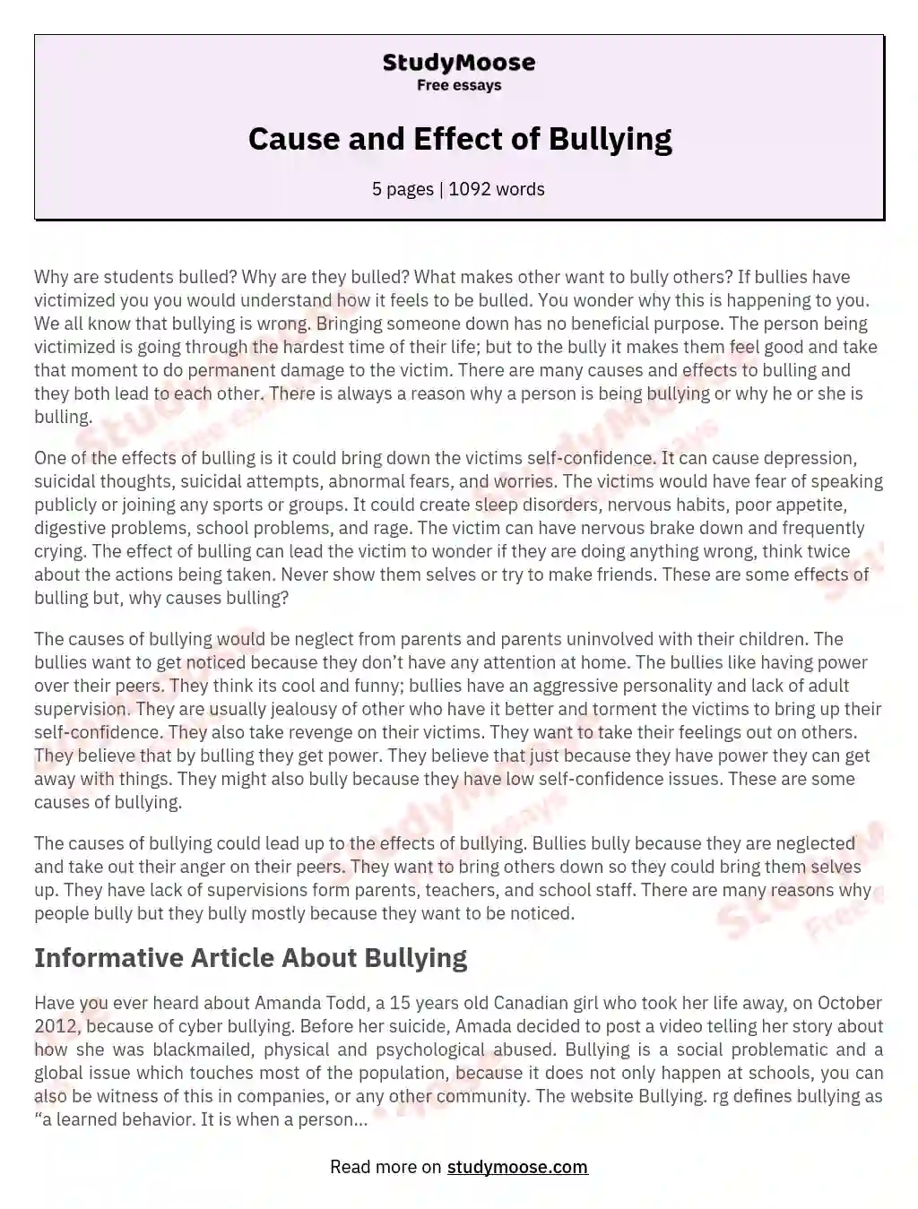 Cause and Effect of Bullying essay