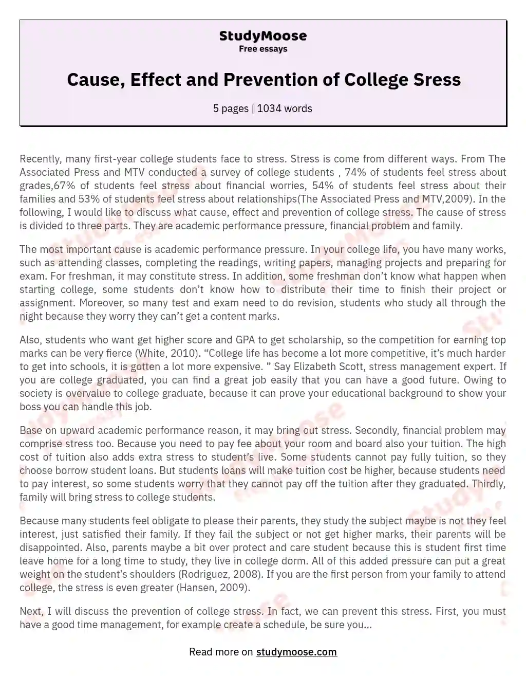 Cause, Effect and Prevention of College Sress essay