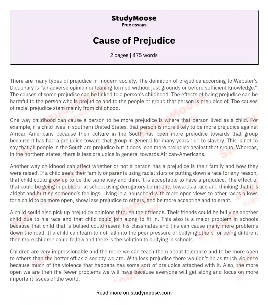 The Impact of Prejudice on Society: Root Causes and Solutions essay