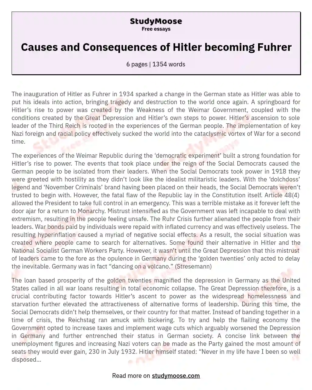 Causes and Consequences of Hitler becoming Fuhrer essay
