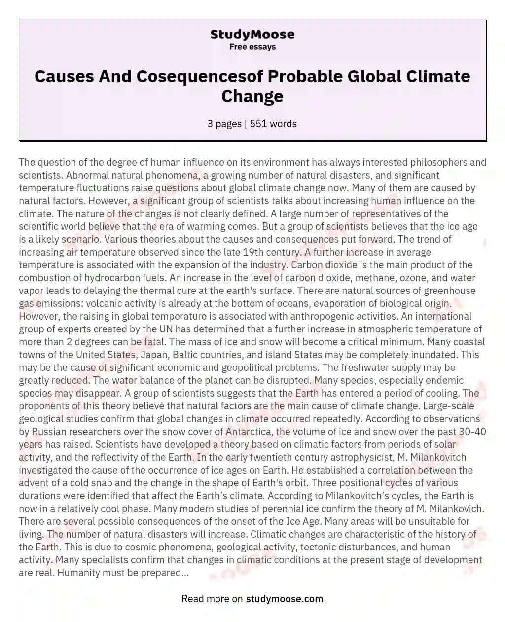 Causes And Cosequencesof Probable Global Climate Change essay