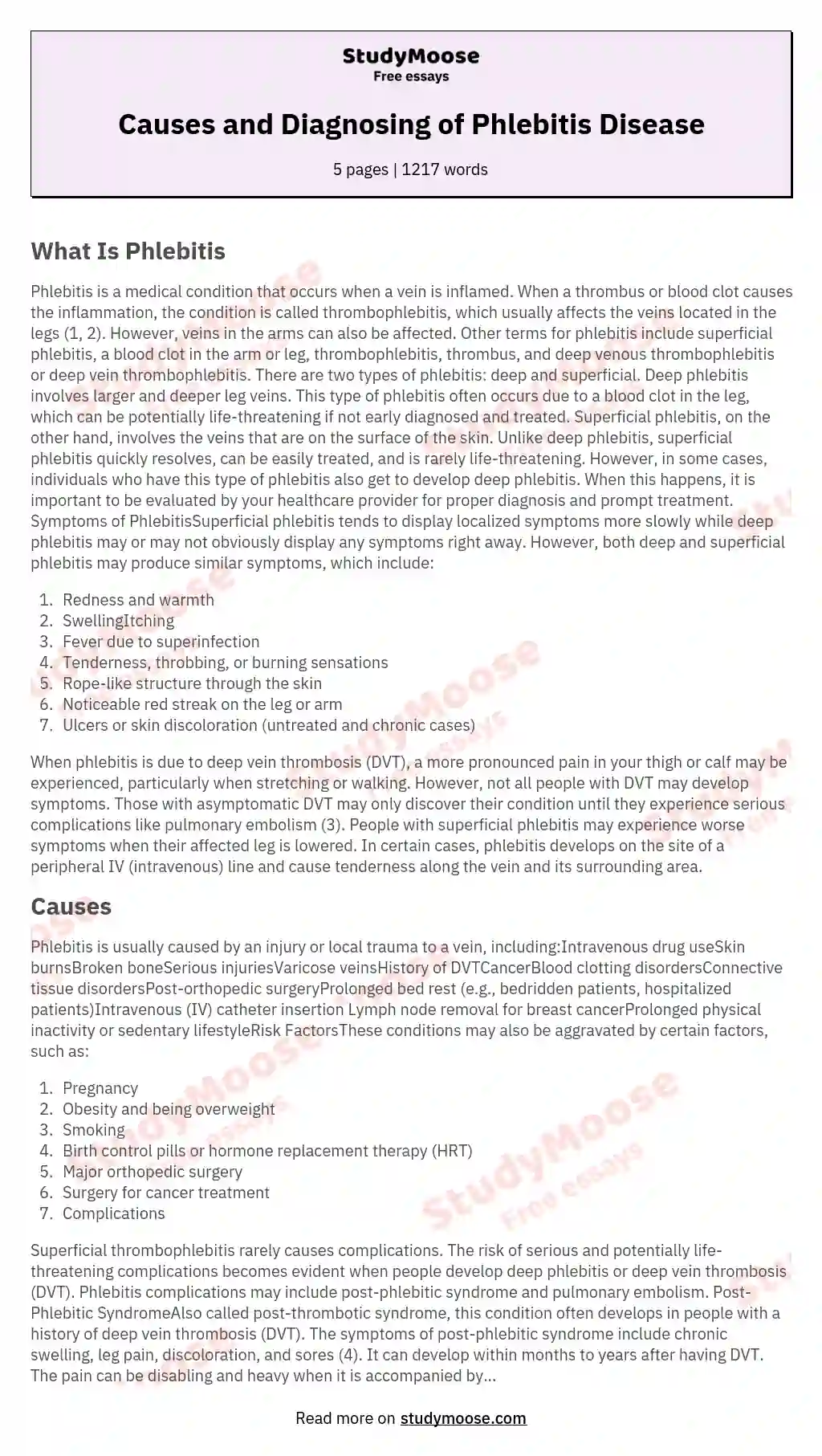 Causes and Diagnosing of Phlebitis Disease essay