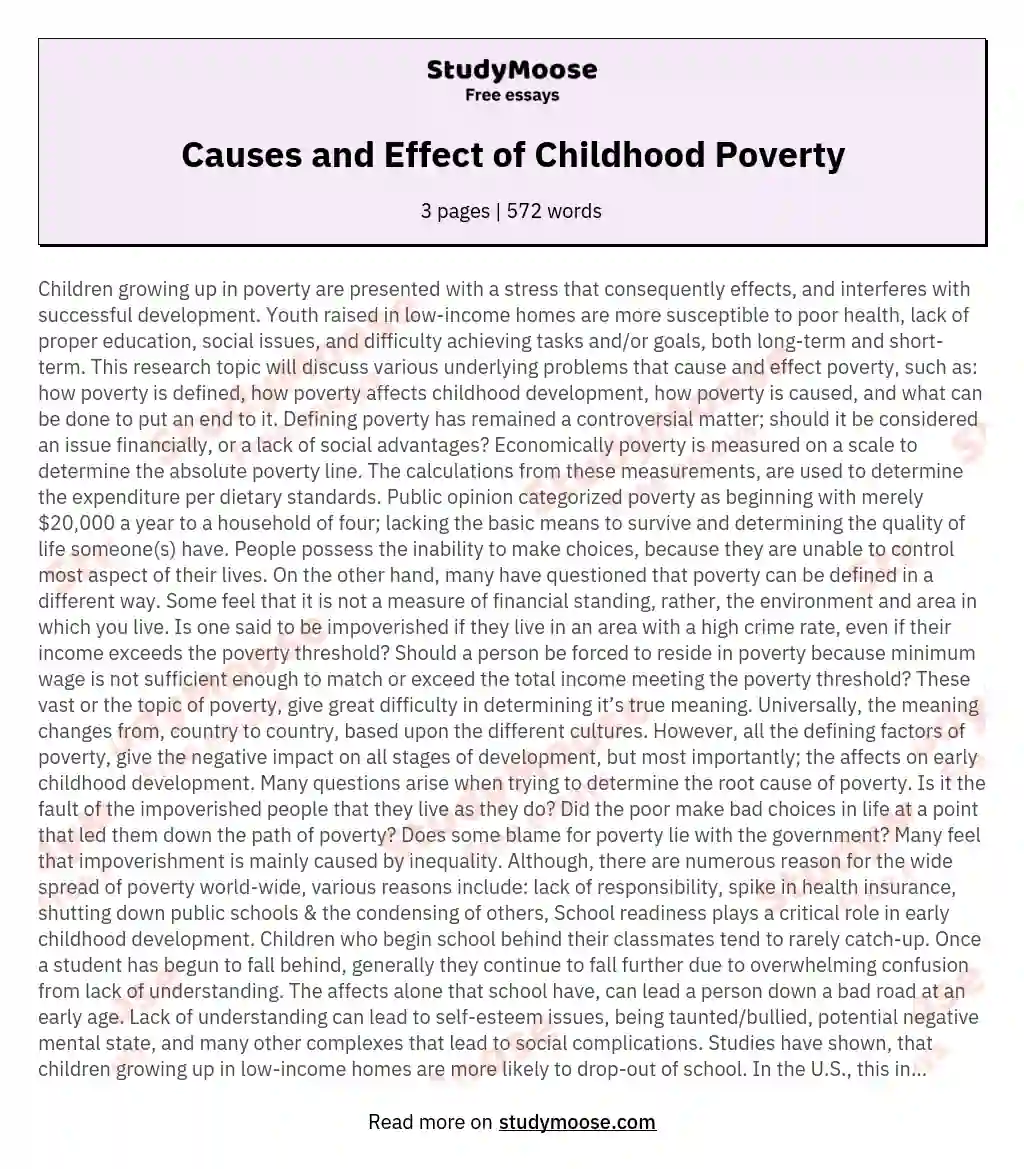 Causes And Effect Of Childhood Poverty Free Essay Example