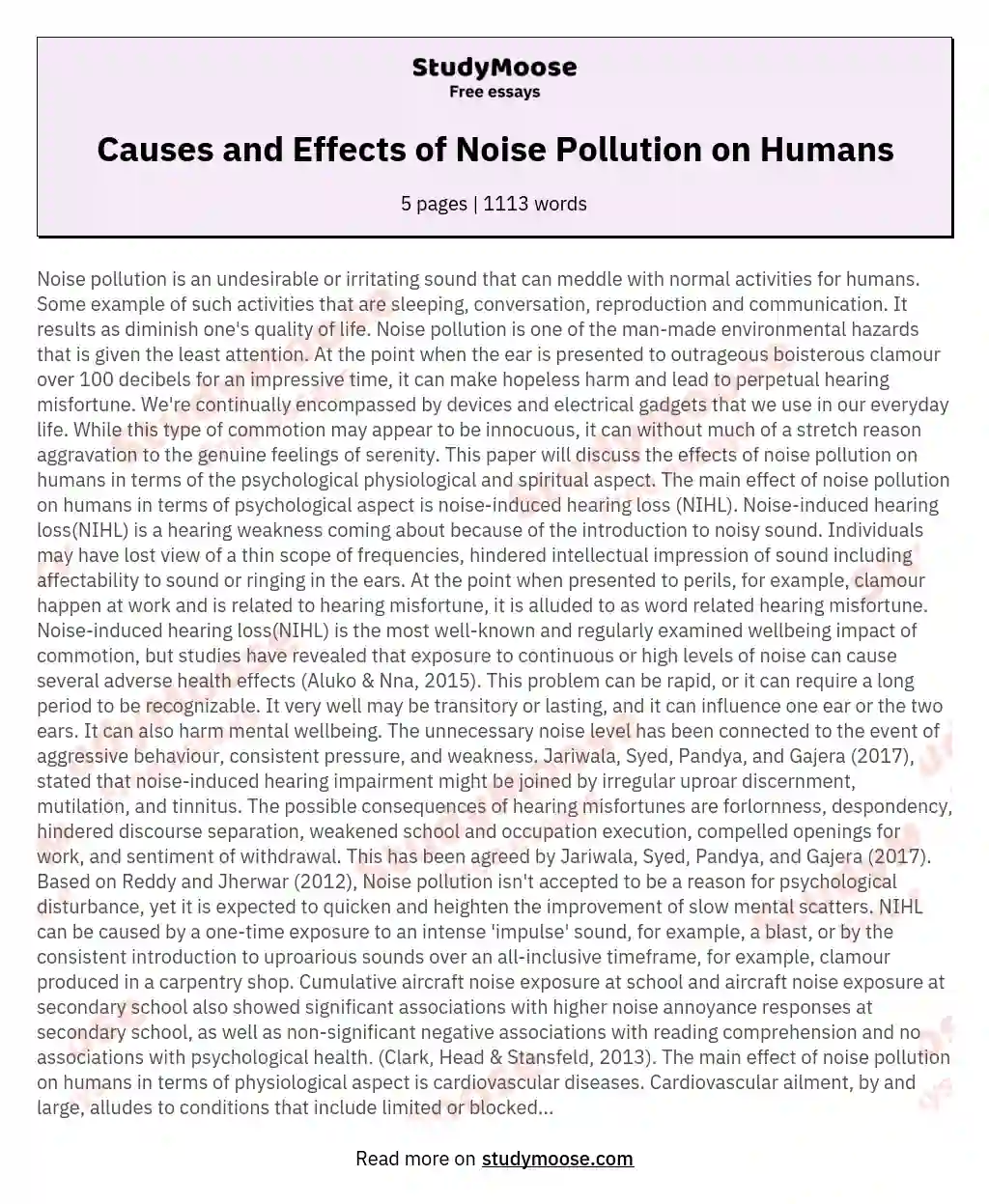 Causes and Effects of Noise Pollution on Humans essay