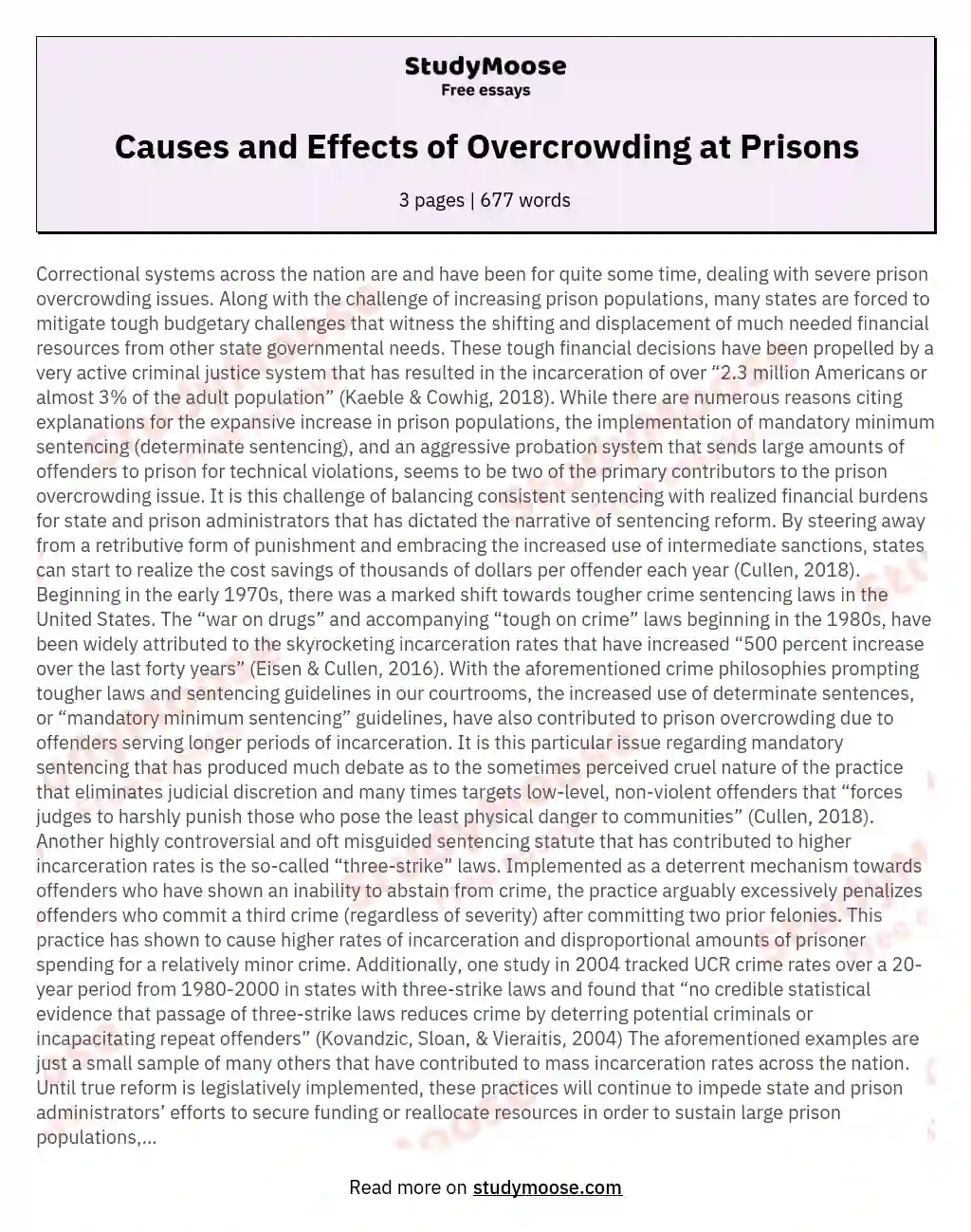 Causes and Effects of Overcrowding at Prisons essay