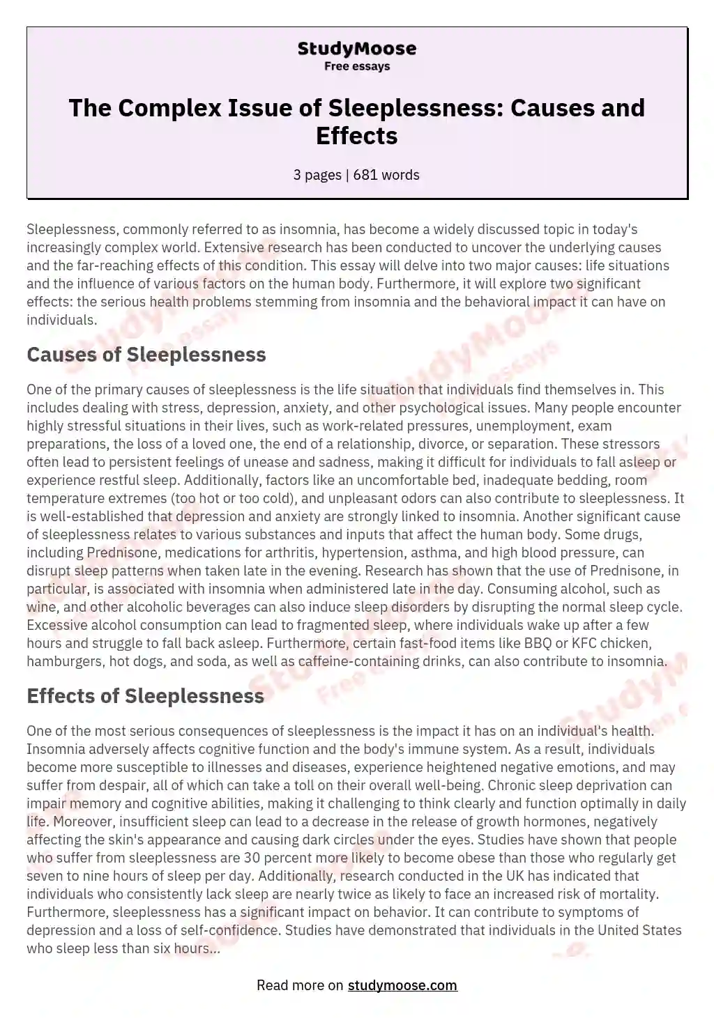 The Complex Issue of Sleeplessness: Causes and Effects essay